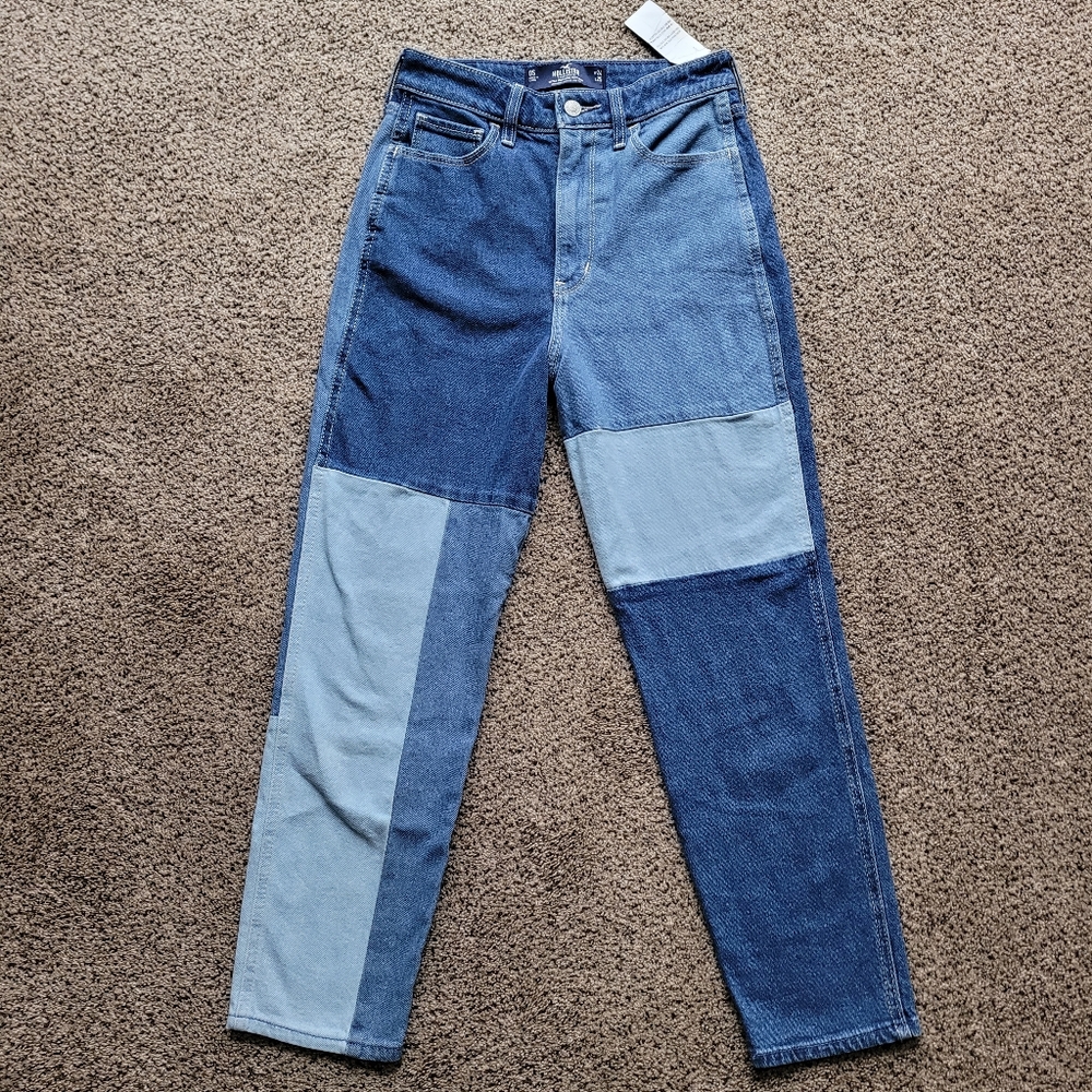 Hollister Womens Ultra High Rise Mom Jean 0S Colorblock Patchwork NWT